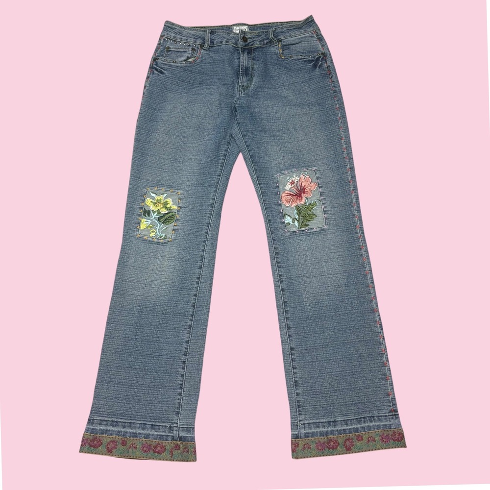 Jeanology Collection Womens Blue Floral Embroidered Patchwork Bootcut Jeans 12